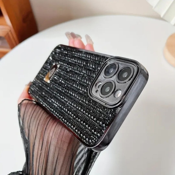 Square Glass Luxury Rhinestones Case For iPhone 14 Pro Max - BLACK - Picture 3 of 4